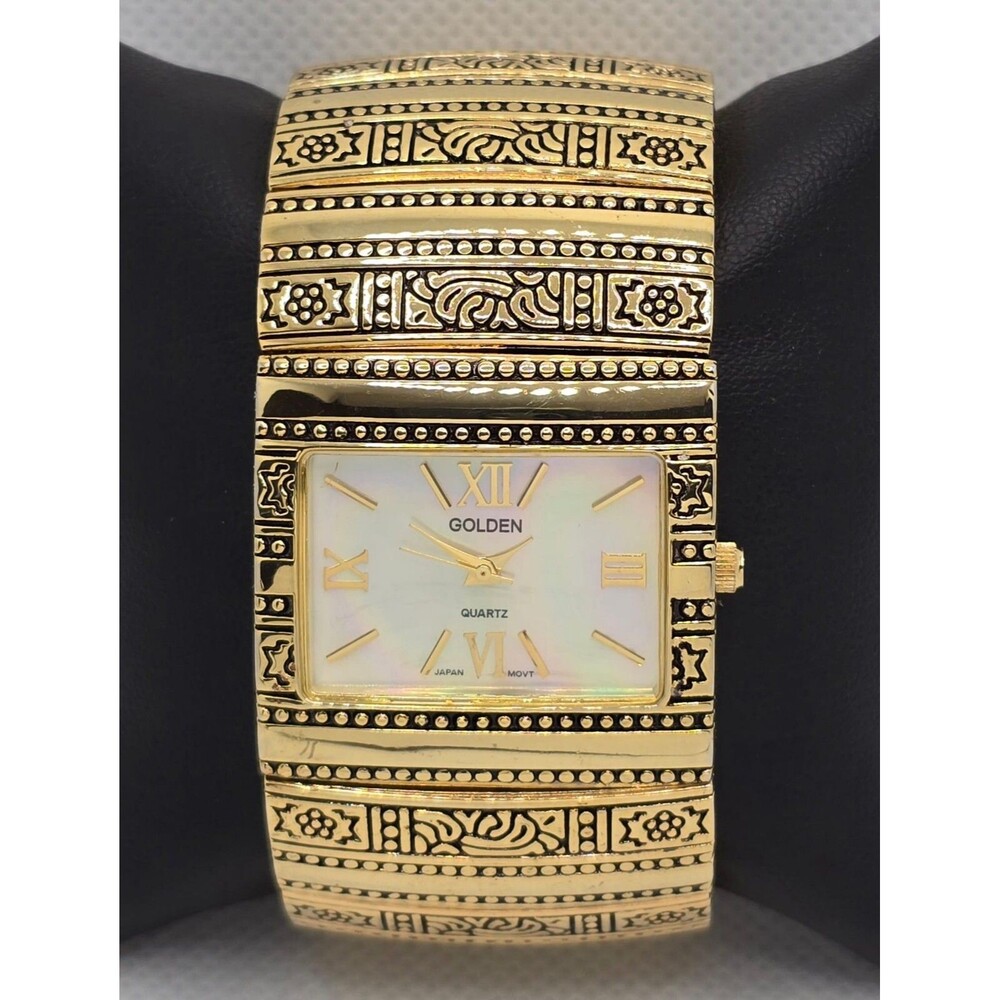 Women's POV Golden Rectangle White Gold Tone Wide Bangle Open Cuff Band Watch 03